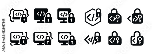 Icon set of coding and security symbols on computers and locks