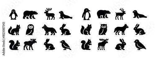 Silhouette icons of various animals including penguins, bears, moose, and rabbits