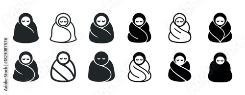Minimalist icon set of swaddled babies in various styles