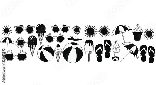 Black and white outlined icons of summer beach items. Includes sunglasses, suns, beach balls, ice cream, flip-flops, and umbrellas.