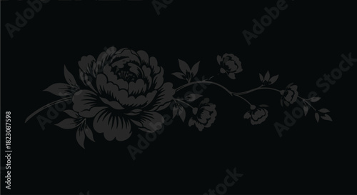 Elegant floral design with a large peony-like flower & smaller blossoms branching out on a dark background. High-contrast grayscale image.