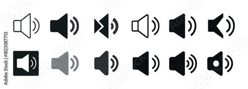 Speaker icon set in various styles with sound waves