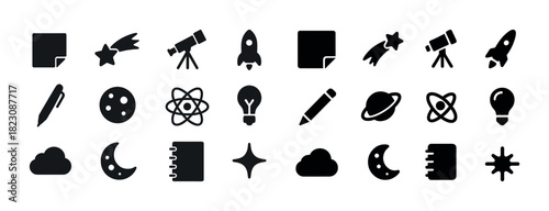 Set of astronomy and science icons including telescope, rocket, planet, and lightbulb