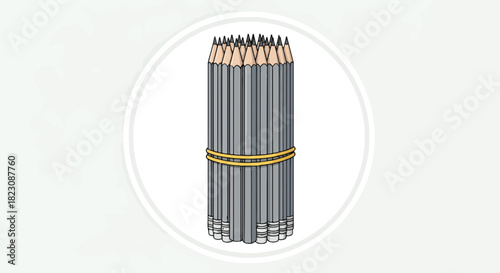 A bundle of graphite pencils is held together with a yellow rubber band. The pencils have gray bodies and visible graphite tips.