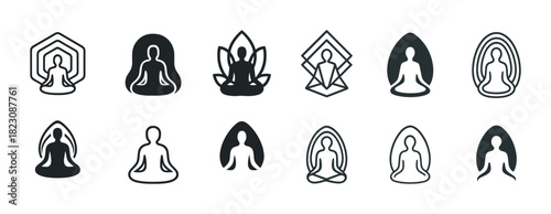 Collection of meditation icons featuring silhouettes in various geometric designs