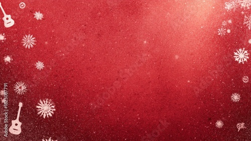 A festive red background sprinkled with white snowflakes and guitar silhouettes, creating a cheerful holiday atmosphere.