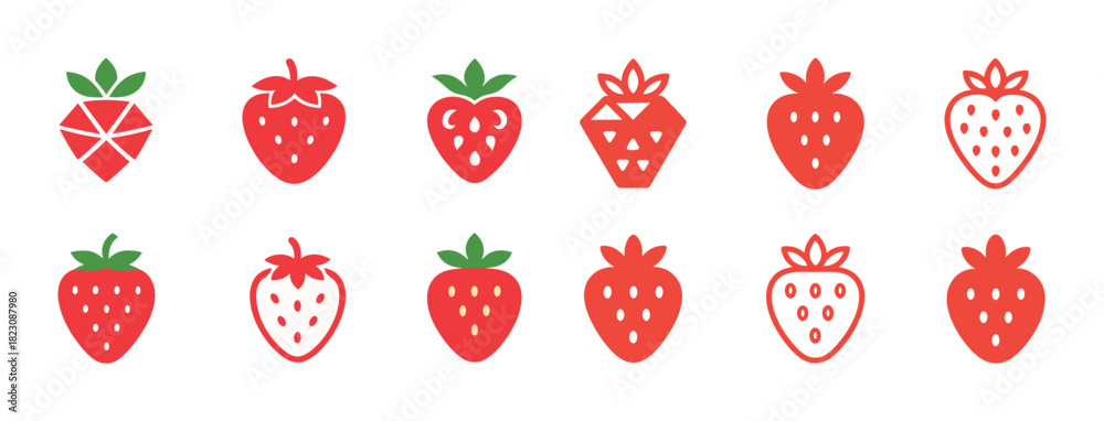 Obraz premium Different strawberry icon designs in red and green with unique styles