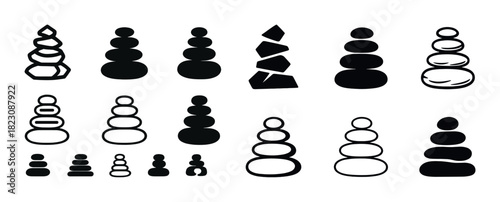 Variety of stacked stone cairns silhouettes in diverse shapes and sizes