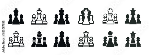 Black and white chess symbols: king, queen, pawn icon set