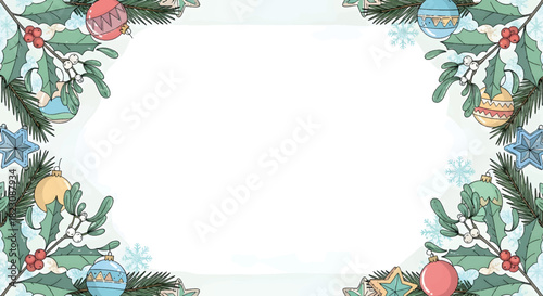 Festive Christmas Frame with Holly, Ornaments, and Snowflakes for Holiday Greetings