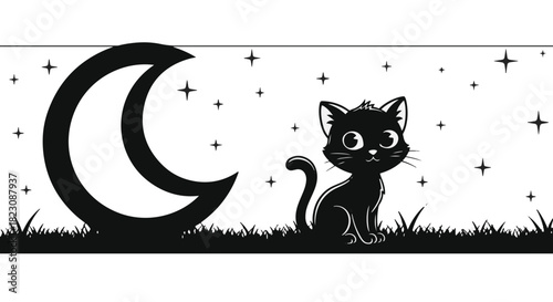 Black and white illustration of a cat sitting in grass by a large crescent moon, under a starry sky. Simple, cartoon style.