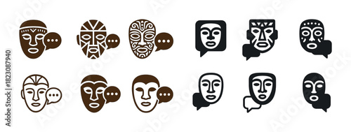Collection of tribal masks and speech bubble icons in brown and black