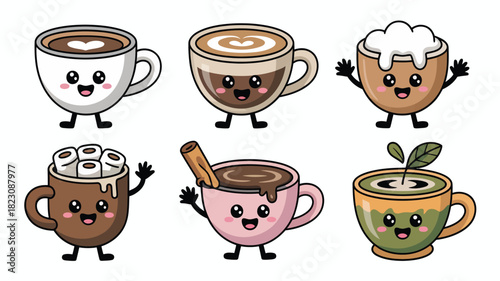 Cute animated coffee and tea cups set joy