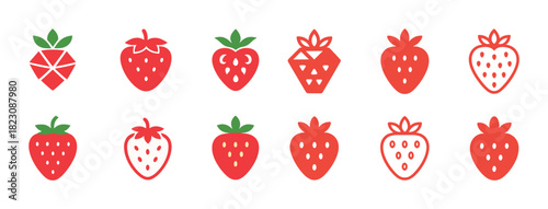 Different strawberry icon designs in red and green with unique styles