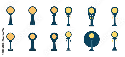Collection of minimalistic street lamp icons in various designs