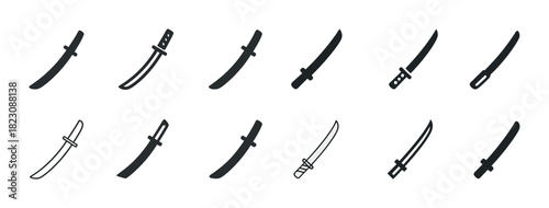 Set of various katana sword icons in black and white