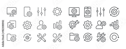 Set of 25 linear gear and tool icons for digital and technical settings