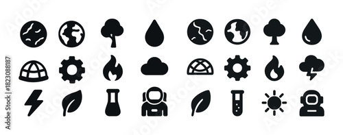 Nature and science icon set featuring earth, tree, leaf, water, and technology symbols