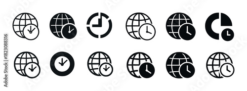 Global time zone icons set featuring globe and clock symbols