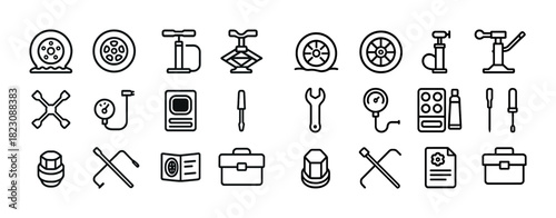 Automotive tools and equipment icons for tire maintenance and car repair