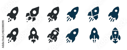 Variety of rocket ship icons in different styles and designs
