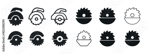 Variety of circular saw blade icons in black and white
