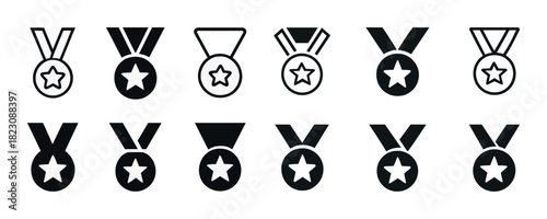 Set of various medal icons with stars in black and white