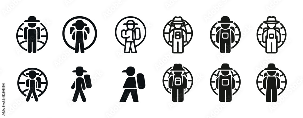 Fototapeta premium Icon set of hiking figures with backpacks and hats