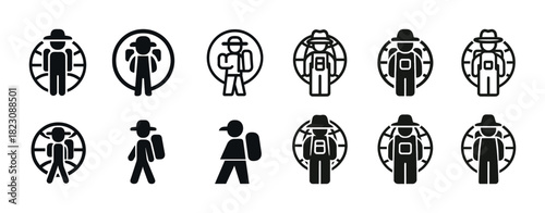 Icon set of hiking figures with backpacks and hats