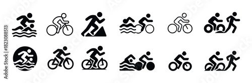 Triathlon icons: swimming, cycling, running activities in black and white