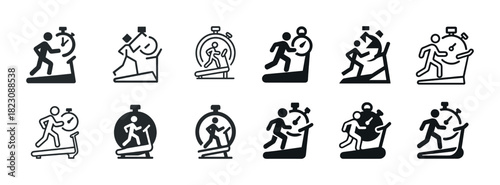 Set of fitness icons: running, treadmill, stopwatch symbol collection