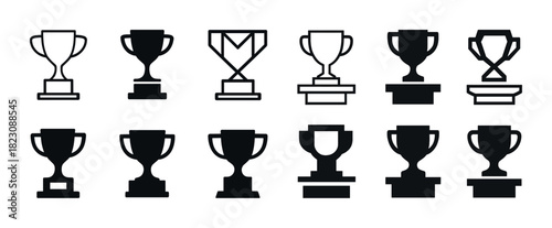 Trophy icon set in various styles: black and white award illustrations