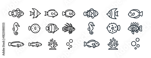 Set of marine life outlines: fish, seahorses, pufferfish, coral, bubbles