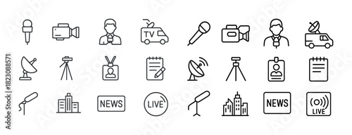 Broadcasting icons: microphone camera satellite dish news van set