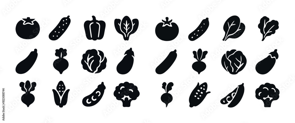 Obraz premium Collection of vegetable silhouettes: tomato, pepper, cucumber, eggplant, broccoli icons