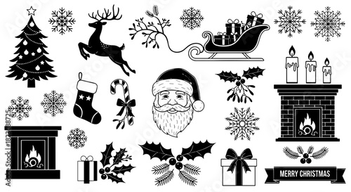 Set of black Christmas silhouette icons for winter holiday and festive celebration design