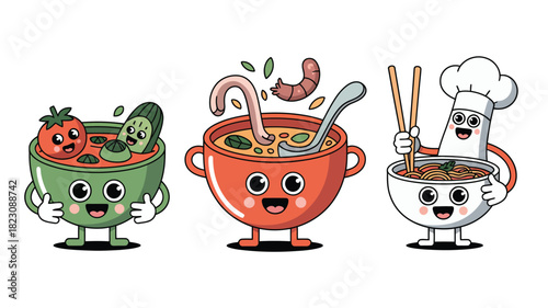 Happy cartoon food bowls cooking ramen soup