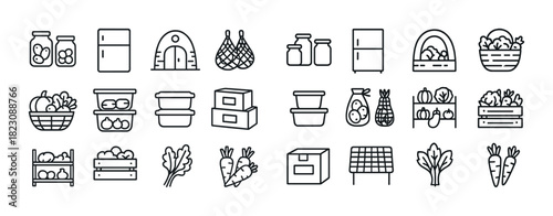 Food storage solutions and preservation symbols with vegetables and containers