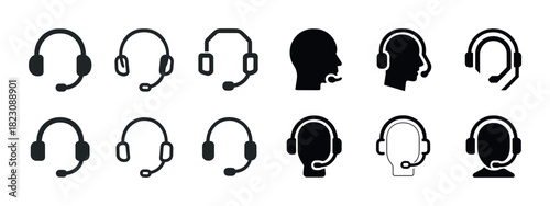 Silhouette and outline headset icons for call center and communication