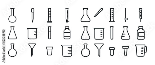 Outline icons of laboratory glassware and equipment for chemistry and science