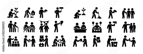 Stick figures engaged in community and team activities