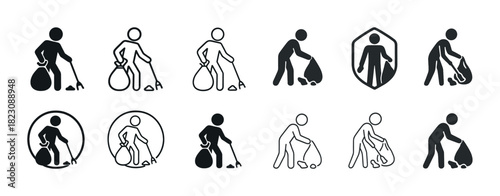 Stick figure icons collecting trash - waste management symbol set