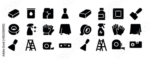 Collection of black icon silhouettes representing various household and office items