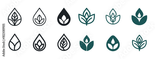 Set of organic plant icons in teardrop shapes with leaves and sprouts