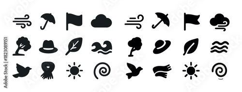 Weather and nature icons: storms, umbrellas, clouds, and leaves
