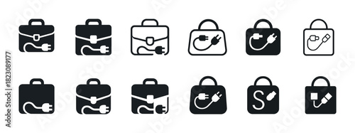Electric briefcase and bag icons – set of twelve minimalist black and white designs