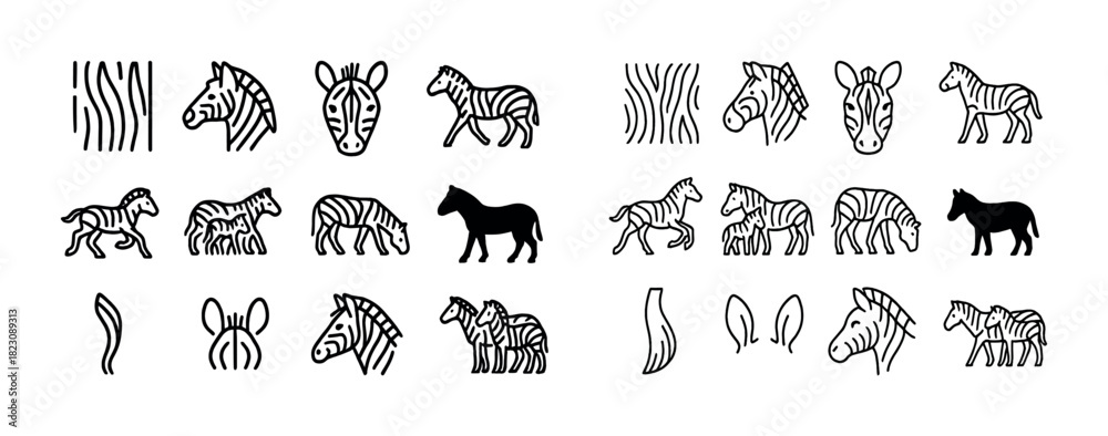 Naklejka premium Zebra outline patterns and silhouettes in various poses and designs