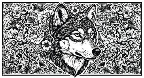 Intricate black and white drawing of a wolf's head surrounded by ornate floral patterns. Detailed linework and a bordered frame add to its decorative nature.