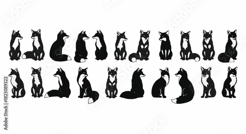 A collection of various fox silhouettes. The foxes are black with white markings and are depicted in different poses.