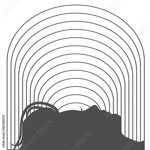 Avatar female profile sign decorated with arch frame. Young woman face side view icon.